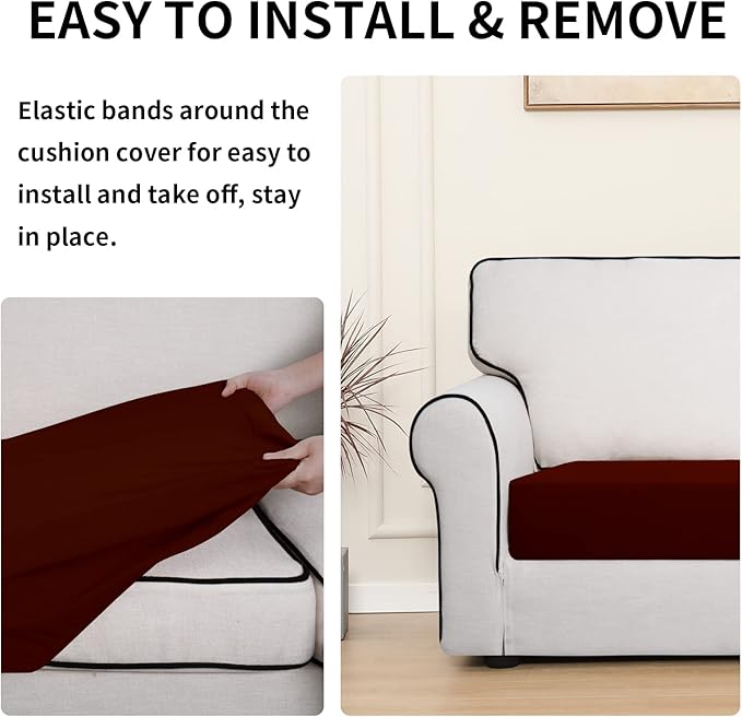 Easy-Going 100% Waterproof Loveseat Sofa Seat Cushion Slipcovers Couch Cushion Cover Stretch Furniture Protector for Kids, Pets (Loveseat Cushion, Wine)