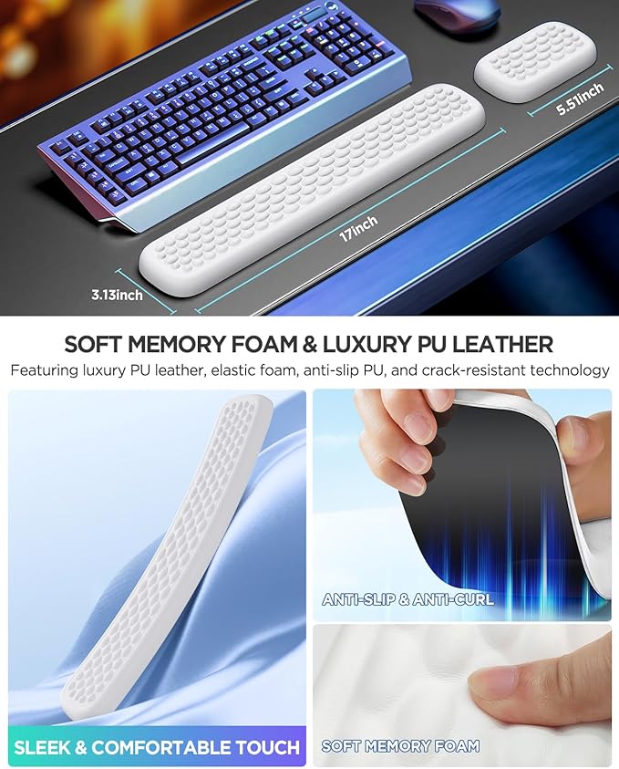 Lekvey Ergonomic Wrist Rest for Computer Keyboard - Memory Foam with Massage Points & Waterproof PU Leather Wrist Pad, Carpal Tunnel Support for Office/Gaming, Typing Pain Relief, Easy-Clean（White）
