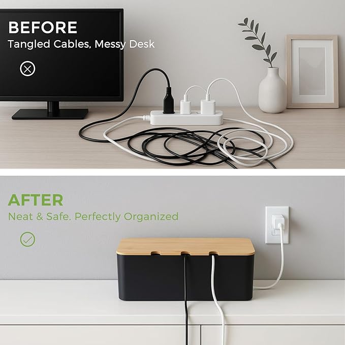 Cable Management Box, Cord Cable Organizer Box with Bamboo Lid, Under Desk Cable Management with 10 Cable Ties and 2 Cable Clip Holders for TV Router Computer USB Hub Black