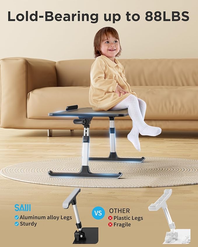 SAIJI PU Leather Laptop Bed Tray Table, Adjustable Laptop Stand with Removable Stopper, Portable Lap Desks with Foldable Legs, Notebook Stand Breakfast Reading Desk for Sofa Couch(Large, Black)