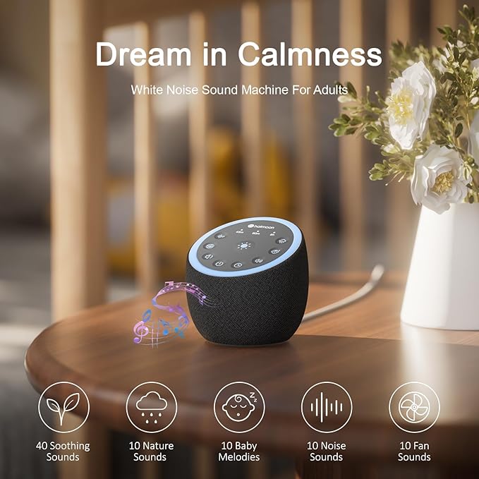 Hotmoon Sound Machine with 40 High-Fidelity Sounds, White Noise Sound Machine with Memory Functions, 8 Color Night Light, USB Power Supply, for Sleep & Noise Reduction Sleep Aid, Plug-in (Iron Black)