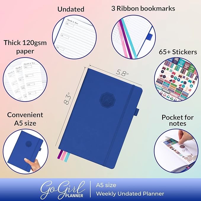 GoGirl Planner and Organizer for Women – A5 Size Weekly Planner, Goals Journal & Agenda to Improve Time Management, Productivity & Live Happier. Undated – Start Anytime, Lasts 1 Year – Royal Blue