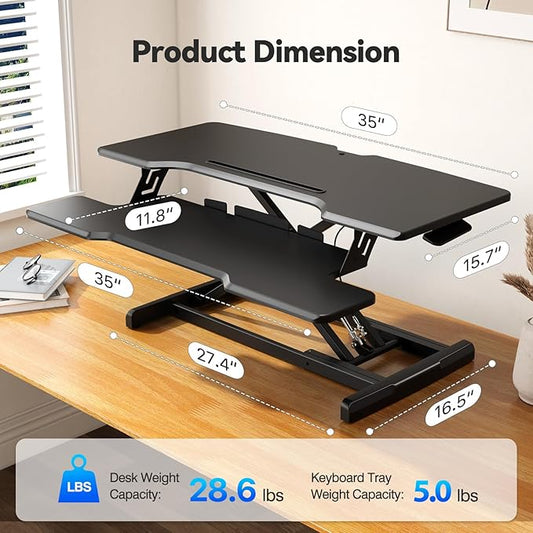 35" Standing Desk Converter, Height Adjustable Desktop Riser with Keyboard Tray for Two Monitors, Sit to Stand up Computer Workstation for Home Office, Black