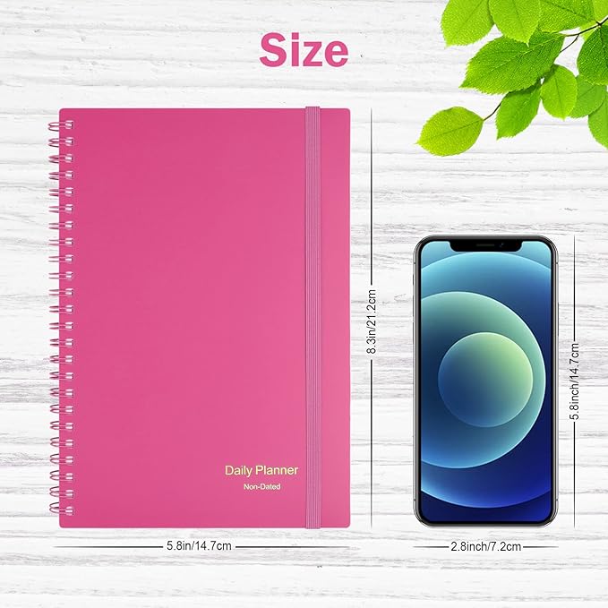 Daily Planner Undated, Asten To Do List Notebook Hourly Schedules Spiral Appointment Planner for Men and Women,PVC Hardcover,Elastic Closure, Inner Pocket 8.3" x 5.8" (Pink)