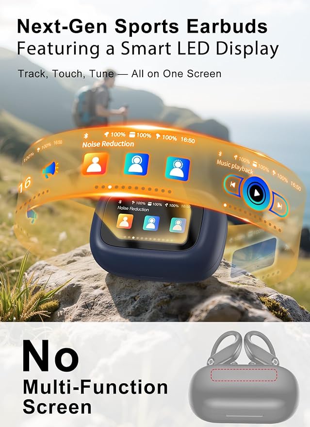 Wireless Earbuds, ANC Noise Cancelling Sport Ear Buds with Multifunctional Touch Screen, Bluetooth 5.4 Headphones, Bass Stereo Sound, 5 EQ Over-Ear Earbuds for Sports/Workout/Gym-Dark Blue