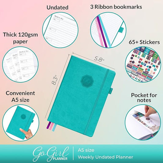 GoGirl Planner and Organizer for Women – A5 Size Weekly Planner, Goals Journal & Agenda to Improve Time Management, Productivity & Live Happier. Undated – Start Anytime, Lasts 1 Year – Turquoise