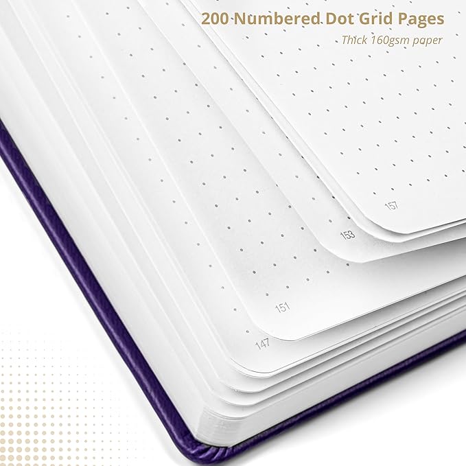 A5 Bullet Dotted Journal Notebook, 160gsm Bleed-Proof Thick Paper, 200 Numbered Dot Grid Pages, 5.8 x 8.3 Inch (Purple)