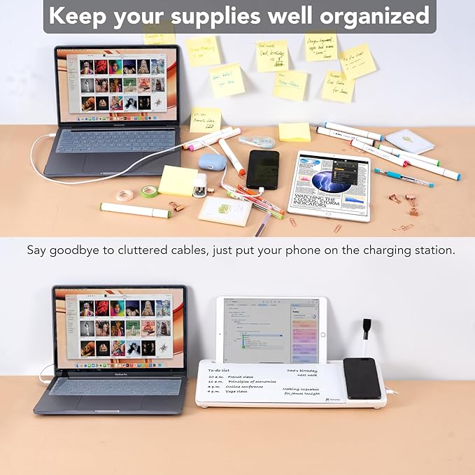 Varhomax Glass Desk Whiteboard with Wireless Charger, Desktop Dry Erase White Board with Storage, to Do List Memo Notepad for Home and Office