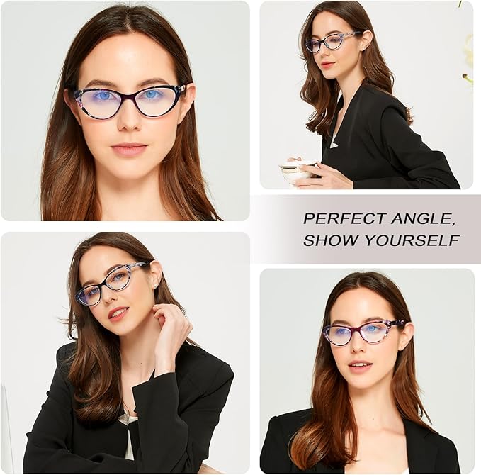 EYEURL Cat Eye Reading Glasses for Women, 2 Pack Blue Light Blocking Readers for Ladies Spring Hinge Fashion Pattern +0.75 Magnification Anti Eyestrain UV Protection