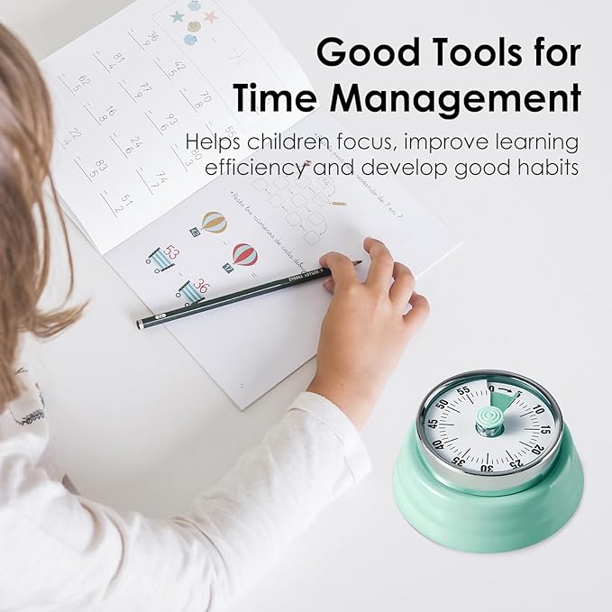 Visual Timer, Teeloray 60-Minute Countdown Timer, Kitchen Timer with Magnetic Base, Mechanical Clockwork, Ringer Alert, Time Management Tool for Children and Adults, Study/Work/Cooking (Mint Green)
