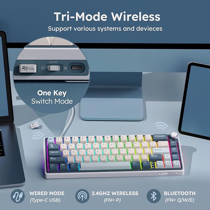 RK ROYAL KLUDGE R65 Wireless Mechanical Keyboard with Volume Knob, Tri-Mode 2.4G/USB-C/BT Gasket Mounted 60% Gaming Keyboard with 66Keys, PBT Keycaps, QMK/VIA, Hot Swappable Cream Switch, Blue