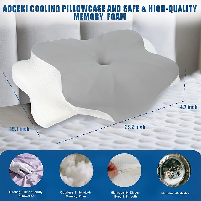 Memory Foam Pillows Cooling Cervical Pillow for Neck and Shoulder Pain Relief Ergonomic Contour Bed Pillow for Side Sleep Stomach Sleeping and Back Sleeper (Light Grey, Queen-23.2''Lx15.1''Wx4.7''H)