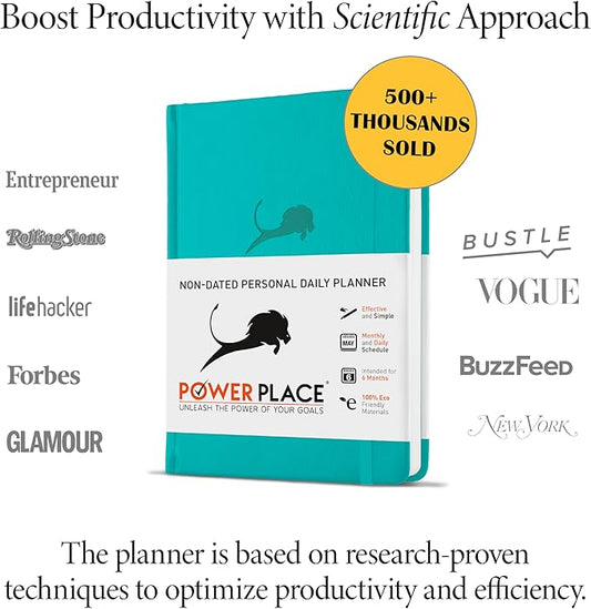 Daily Planner, Calendar and Gratitude Journal to Improve Time-Management, Productivity & Happiness | Vegan Leather Hardcover Organizer with Blank Dates, Undated 6 Months 24 Hour Agenda