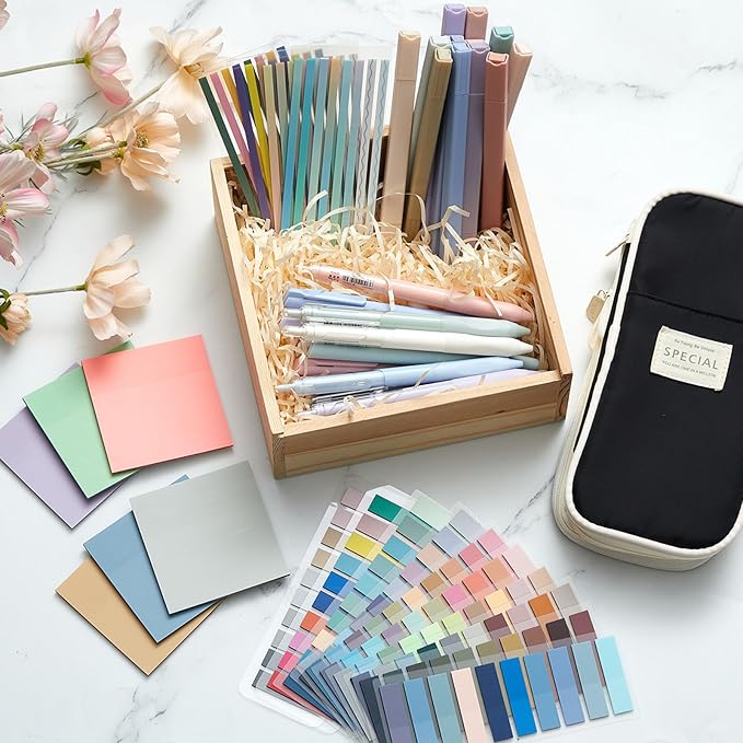 135 Pcs Book Annotation Kit Aesthetic Pencil Case Bag with 12 Highlighter 11 Gel Pen 1 Marker 300 Sheets Transparent Sticky Notes Pads 2640 Index Tabs Bible Study Supplies for School Gift(Black)