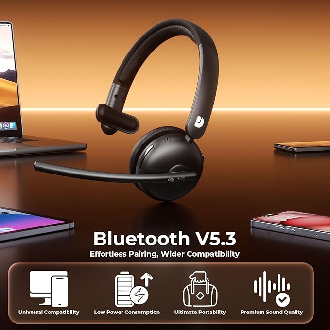 Wireless Headset with Mic for Work, Bluetooth 5.3 Headsets with AI Noise Cancelling, 65H Battery & Mute Function, Single-Ear Wireless Headset & USB Dongle, Fit for PC/Laptop/Teams/Skype/Call Center