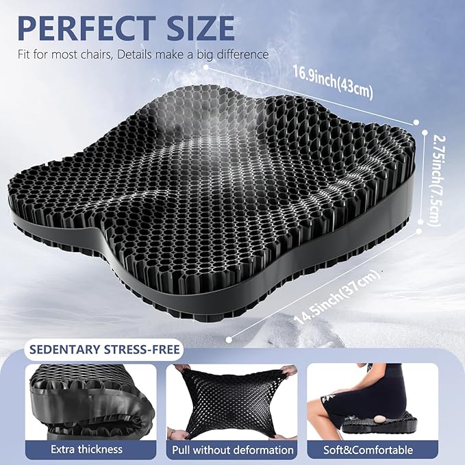 Thicker Seat Cushion for Office Chair, Big Gel Seat Cushion for Long Sitting, Support for Sciatica & Back Pain Relief, Breathable Chair Seat Pads Egg Wheelchair Cushion for Home Car Kayak Stadium