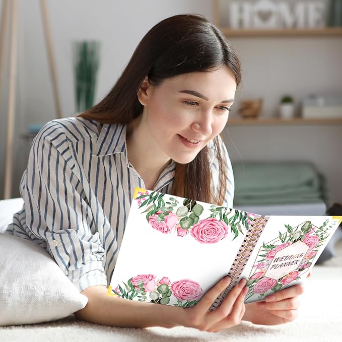 Wedding Planner For Bride-Bridal Wedding Planning binder With 5 Tabbed Sections+Wedding Countdown Calendar,Unique Engagement Gifts For Couples,White Rose