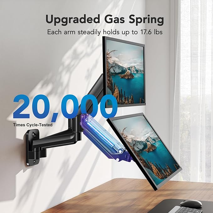 HUANUO Dual Monitor Wall Mount for 17-32 Inch Screens - Height-Adjustable Gas Spring Arms (Per Arm 4.4-17.6lbs) - VESA 75x75/100x100 - Tilt, Swivel, Rotation - Home Office & Workspace Desk Setup