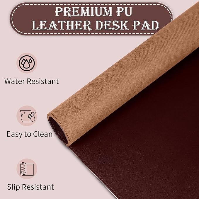Non-Slip Desk Pad, 24" x 14" Large Mouse Pad, PU Leather Desk Mat with Suede, Laptop Desk Pad, Waterproof Keyboard Pad, Desk Blotter for Office/Home/Decor (Brown Coffee)