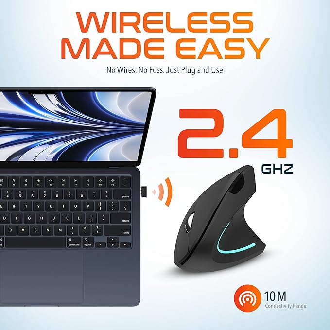 Delton Ergonomic Vertical Wireless Mouse, 2.4GHz USB Dongle, 6 Buttons, 3 Adjustable DPI Levels (800/1200/2400), AA Battery Operated, Compatible with PC, Laptop, Mac, Chromebook and More - Black