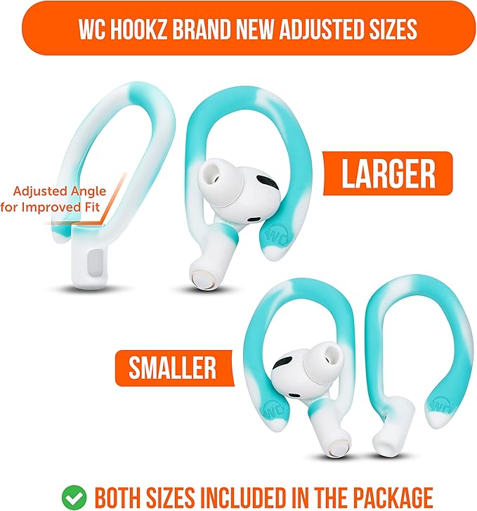WC HookZ - Patented Upgraded Over Ear Hooks for AirPods Pro 1, 2 & AirPods 1, 2 & 3- Two Size Pairs Included in Package, Unique Left & Right Hook, Made by Wicked Cushions | Blue Tie Dye