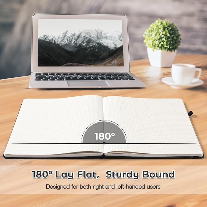 Graph Paper Notebook, Hardcover Notebook 8.5 x 11, Grid Notebook Journal for Women, Men, Large Leather Journals for Writing, Thick Paper, A4 Notebooks for Work, School Supplies, Engineering Black