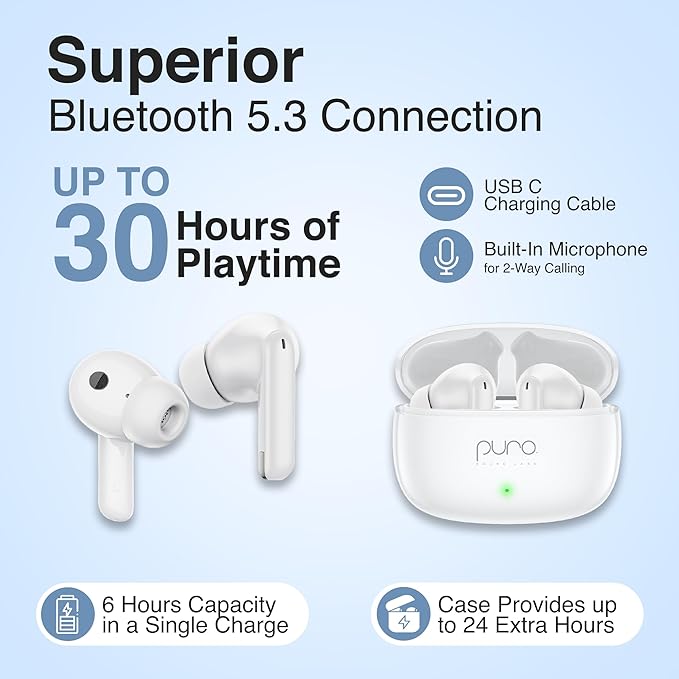 Puro Sound Labs PuroQuiet-Air Active Noise Cancelling Bluetooth Earbuds, Volume-Limited Wireless Earphones for Safe Listening, Soft Touch, Type-C Charging with Built-In Microphone & Secure Fit – White