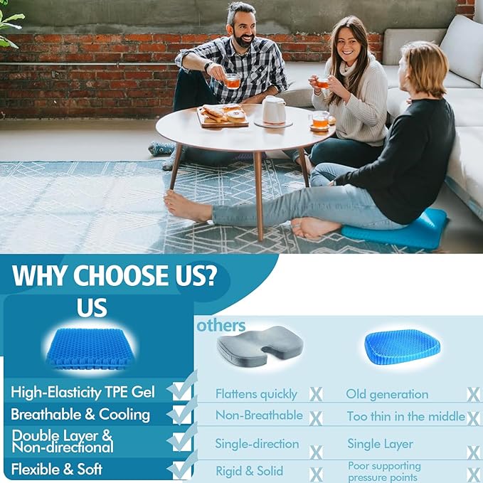 Gel Seat Cushion (20"x20"x2") for Long Sitting, Super Large Gel Cushions for Elderly Pressure Relief, Office/Desk Chair, Wheelchair, Car & Airplane Seat, Couch, Stadium Cushion Pads