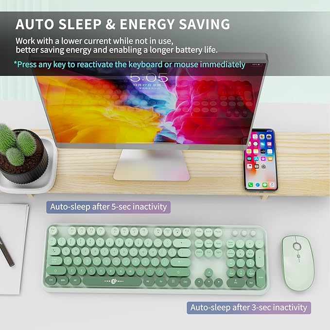 FOPETT Wireless Keyboard and Mouse Combo - 2.4G Full-Sized Cute Colorful Mouse and Keyboard with 104 Round Keys Retro Typewriter Keyboard for Laptop/Windows/PC - Green Gradient