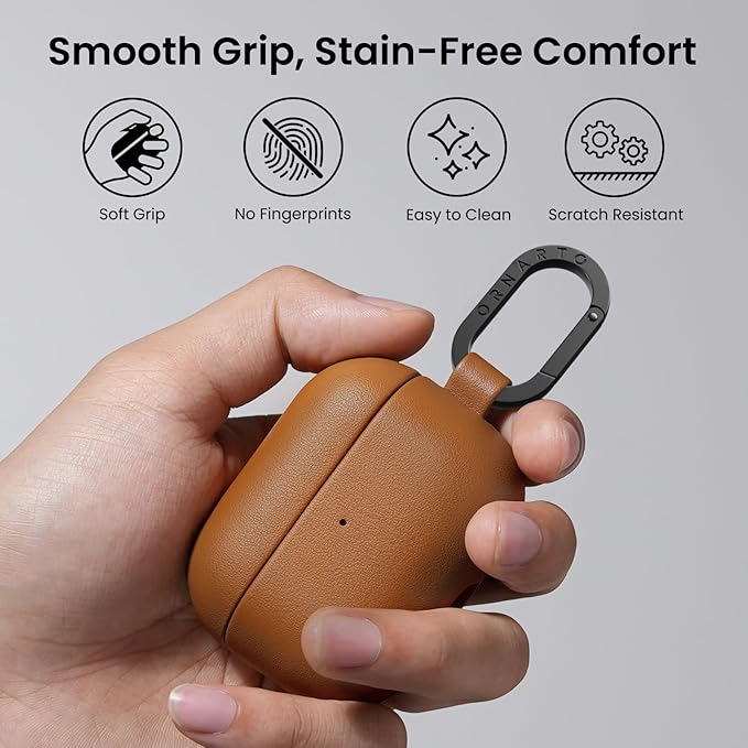 ORNARTO Compatible with AirPods Pro 2 Case, Full Protective Leather Cover with Carabiner, for Airpods Pro Case 2nd / 1st Generation (2022/2019), Front LED Visible,Caramel Brown