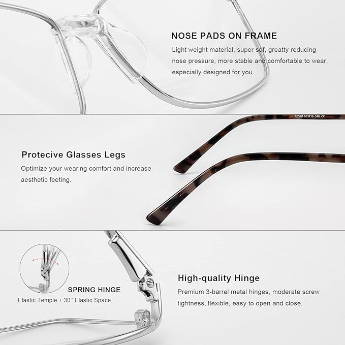 RB. Pilot Reading Glasses Spring Hinge Readers for Women Blue Light Blocking Computer Metal Frame Acetate Legs