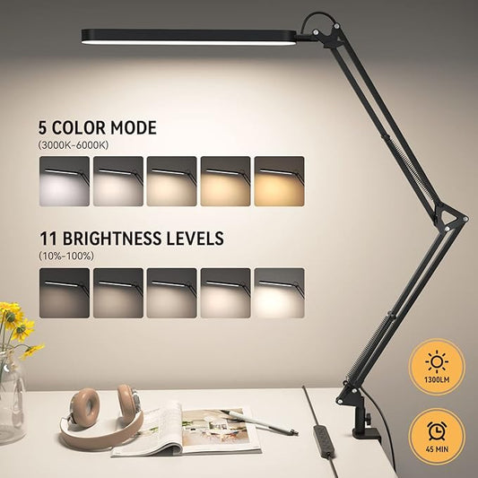 SKYLEO Led Desk Lamp - Desk Light for 31.5" Tall - 5 Color Modes X 11 Brightness Levels - Adjustable Swing Arm - Timmer & Memory Function - 12W Lamp for Desk - Black