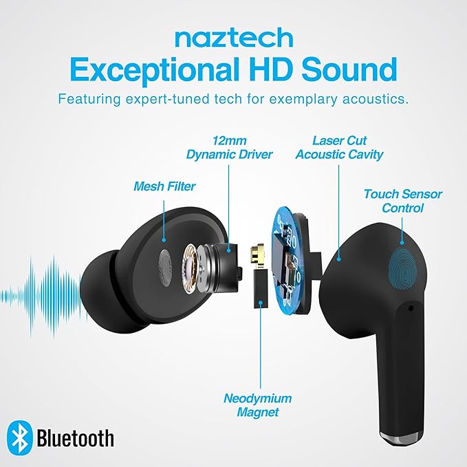 Naztech Xpods PRO Ear Buds - (Black) True Wireless Earbuds Noise Cancelling Earbuds Wireless Bluetooth Earphone for Gym Sound Cancelling in Ear Headphones Fitness Earphones Includes Charging Case