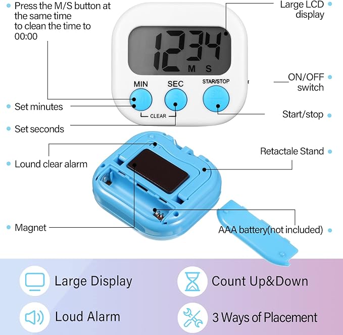 Weewooday 24 Packs Small Digital Kitchen Timer Magnetic Back and Switch Minute Second Count up Countdown Big LCD Display Loud Alarm for Teacher Cooking Baking(Colorful)