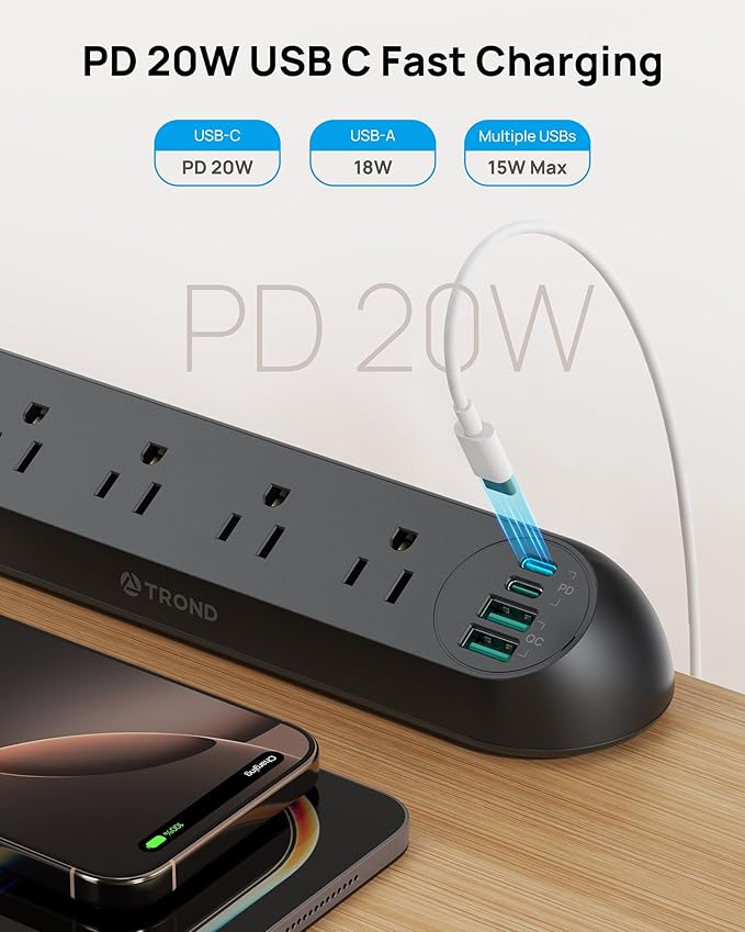 TROND Desk Clamp Power Strip USB C PD 20W- Surge Protector with 4 AC Outlets 4 USB Ports, Flat Plug 6ft Extension Cord, 1700J, ETL Listed, Fits 1.97 inch Tabletop Edge, for Home Office, Black