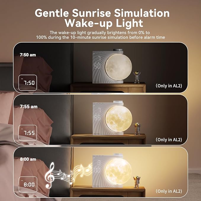 Sunrise Alarm Clocks for Heavy Sleepers,Night Lamp Clocks for Bedrooms with Moon Light,10 Light Effects,30/60/90 Timer,10 Sleep Nature Sounds,15 Ringtones,12 Volume Control with Snooze Function