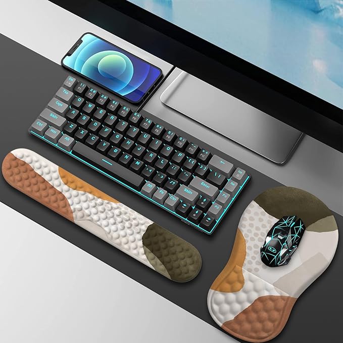 HAOCOO Ergonomic Mouse Pad with Wrist Rest and Keyboard Wrist Rest, 3 PCS Computer Carpal Tunnel Mouse Pads for Desk with Coaster Set, Memory Foam Keyboard Wrist Support for Laptop Office, Boho Beige