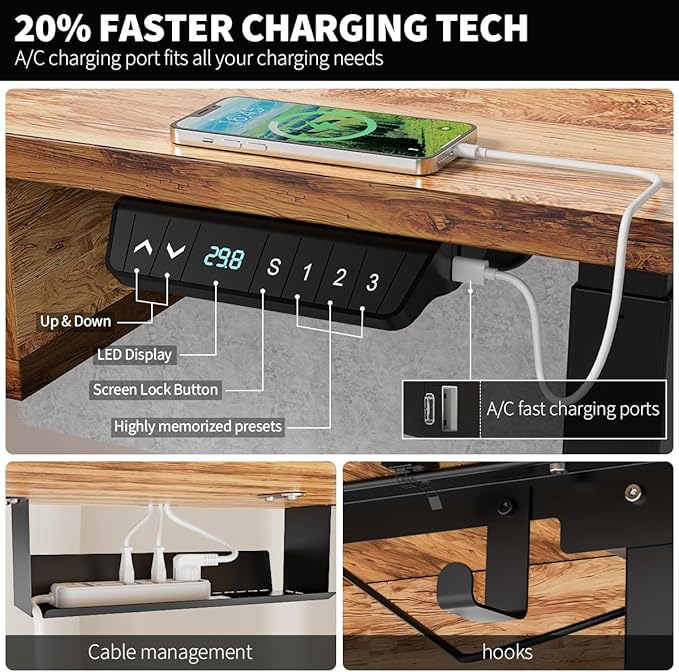 Standing Desk with Fast Charging USB Ports, 55" x 30" Height Adjustable Home Office & Gaming Desk, Sit Stand Desk with Built-in Storage Shelf, Hook & Ergonomic Design(Light Rustic)