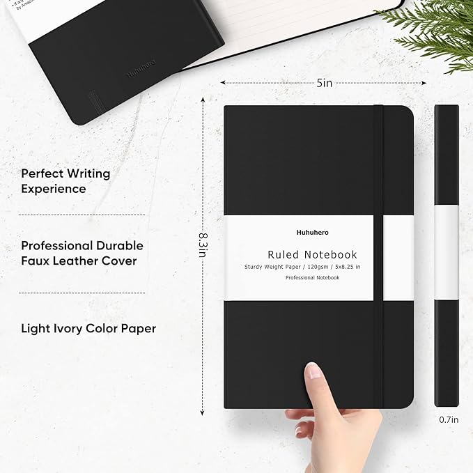 Huhuhero Notebooks Journal, Ruled Notebook, Premium Thick Paper Lined Journal, Black Hardcover Notebook for Office Home School Business Writing Note Taking Journaling, 5"×8.25" (12, Black)