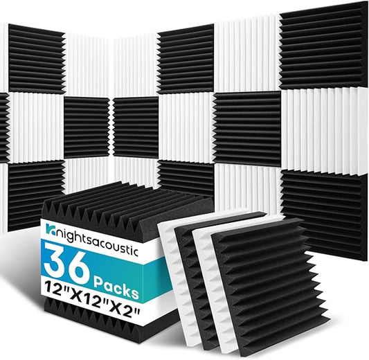 36 Pack Sound Proof Foam Panels for Walls, 2 X 12 X 12 Inches Acoustic Foam Panels, High Density Acoustic Panels Sound Absorbing, Noise Cancelling Studio Wedges, Black + White (NOT INCLUDE ADHESIVE)