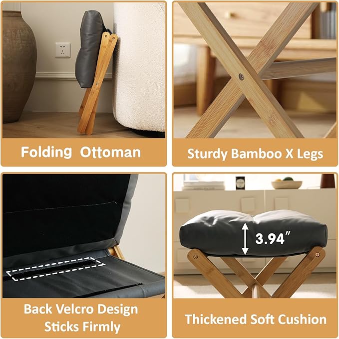 Folding Upholstered Footrest Stool, Small Accent Ottoman with Thick Cotton Cushion & Bamboo X Legs, Modern Padded Sofa Stool for Makeup Bedroom Living Room, Grey