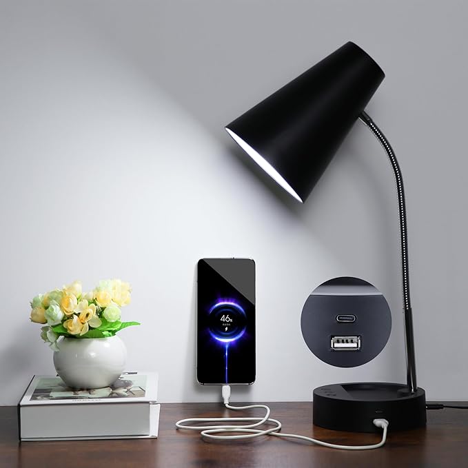 RUNTOP Desk Lamp, Black Desk Lamps for Home Office, LED Desk Light with USB Port and Type C Port, 5 Brightness Levels, 5 Color Temperatures, Flexible Gooseneck Desk Lamp, Table Lamp for Reading Study