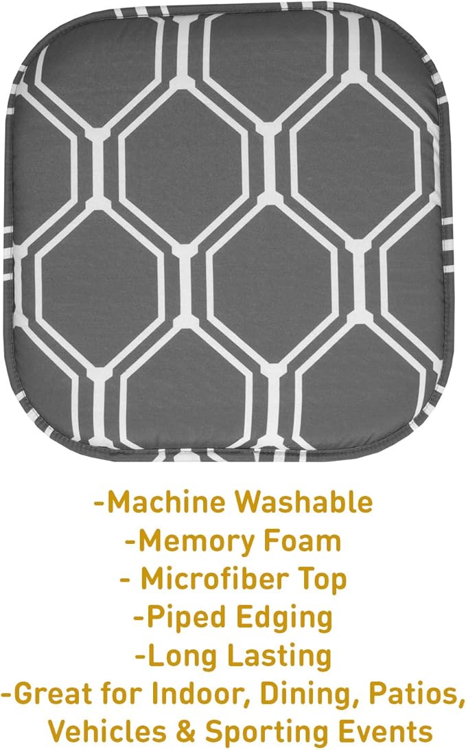 Sweet Home Collection Chair Cushion Memory Foam Pads Honeycomb Pattern Slip Non Skid Rubber Back Rounded Square 16" x 16" Seat Cover, 2 Pack, Mirage Gray/White 2 Count