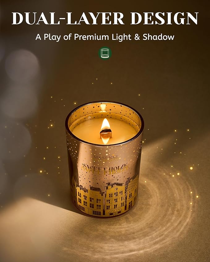 M&SENSE Home Sweety Home Scented Wooden Wick 18oz Cinnamon Apple Winter Scented Clean Natural Soy Wax Candle, 100 Hours Burn Aromatherapy Large Candle for Christmas Housewarming Bathroom Bedroom