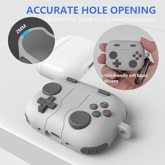 for AirPods Pro 3 Case(2025) DamonLight Game Case Shock-Proof Protective Silicone with Cleaning Pen and Keychain Accessories for Apple Airpods Pro 3rd Generation (Gray)