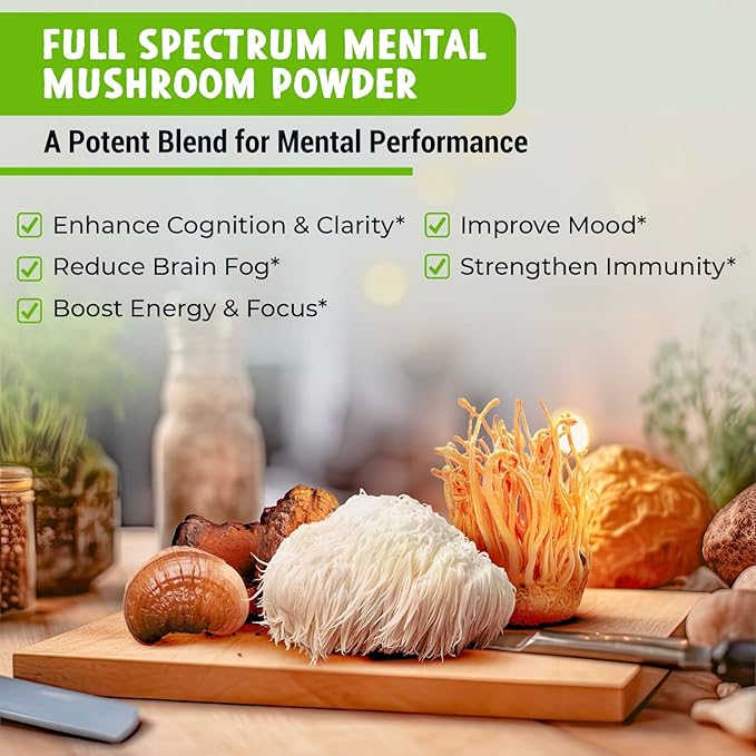 MAJU's Mental Mushroom Powder Extract, Strong Lions Mane, Chaga, Reishi, Cordyceps, Fruiting Bodies for Coffee, Immune System Booster, Nootropic Brain Supplement, Memory, Organic Mushrooms