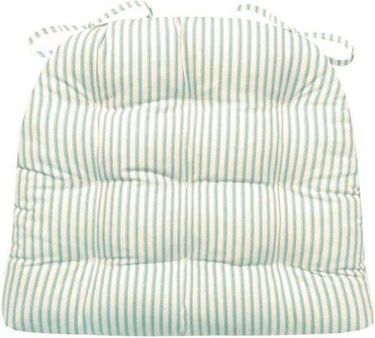 Barnett Home Decor Ticking Stripe Aqua Dining Chair Pad with Ties - 19 x 19 Size Large Chair Cushion - Latex Foam Fill - Machine Washable, Reversible, 100% Cotton, Made in USA (Turquoise)