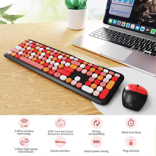 Wireless Keyboard and Mouse Combo, Colorful Ergonomic Full Size Retro Low-Noise Keyboard with Cute keycaps, Compatible with Windows, PC, Perfer for Home and Office Keyboards (Black)