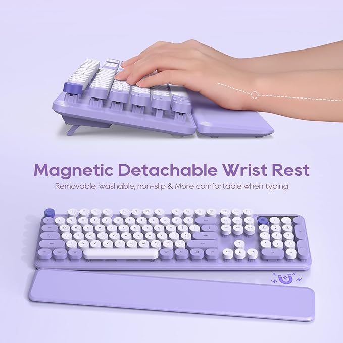 Wireless Keyboard and Mouse Combo, Cute Round Keycaps, Full-Size Retro Typewriter Keyboard with Detachable Wrist Rest, 2.4GHz Cordless Connection for Mac/Windows/PC/Laptop (Purple-Colorful)