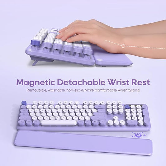 Wireless Keyboard and Mouse Combo, Cute Round Keycaps, Full-Size Retro Typewriter Keyboard with Detachable Wrist Rest, 2.4GHz Cordless Connection for Mac/Windows/PC/Laptop (Purple-Colorful)